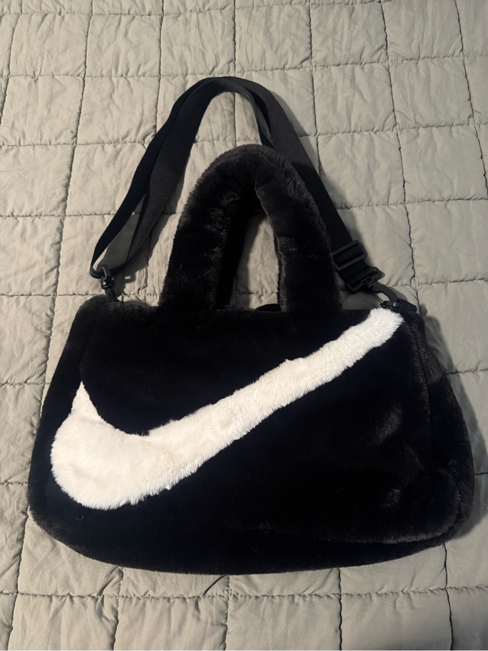 Nike Black Faux-Fur Shoulder Tote with White Swoosh